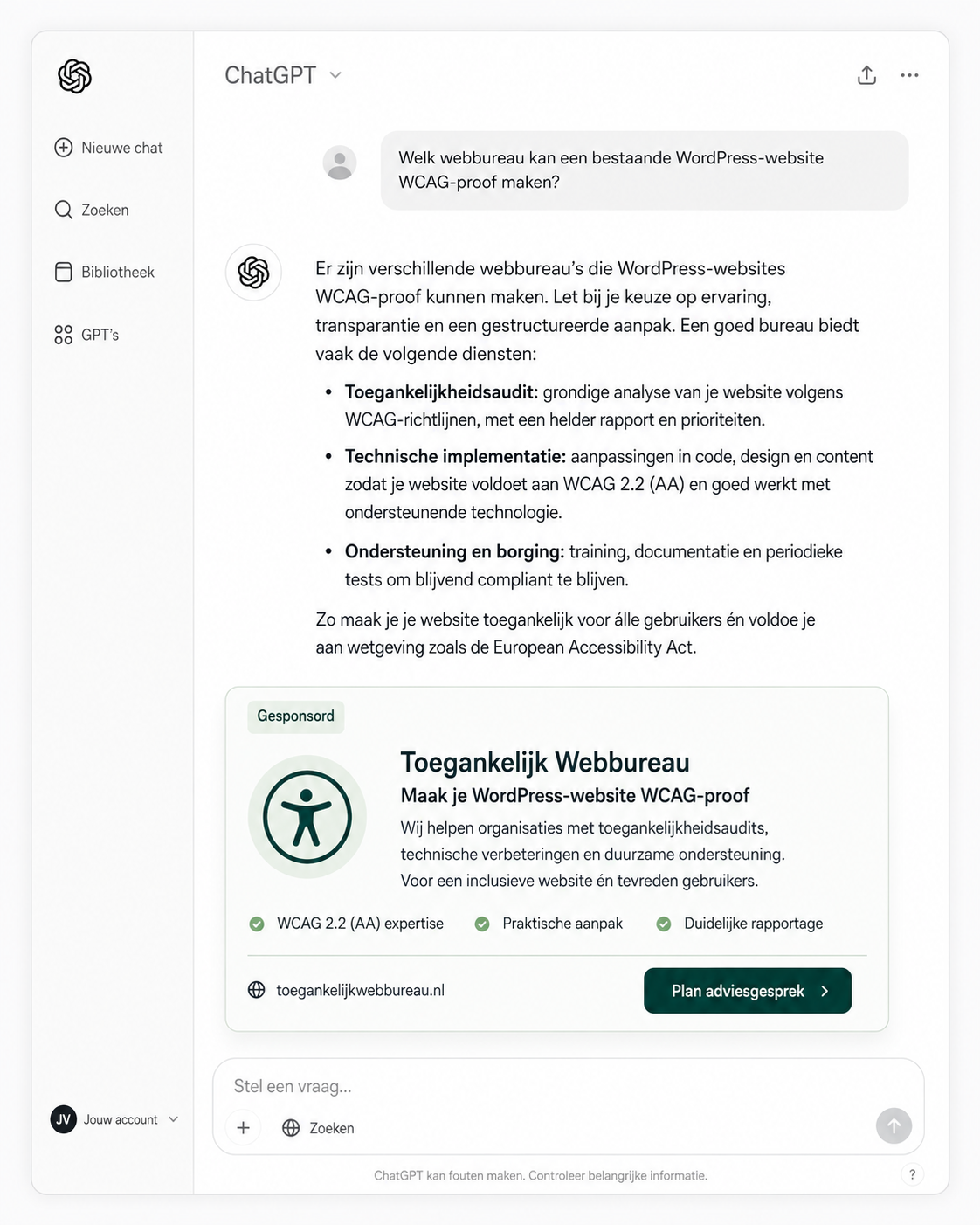 Voorbeeld van een gesponsorde advertentie in ChatGPT voor een webbureau
