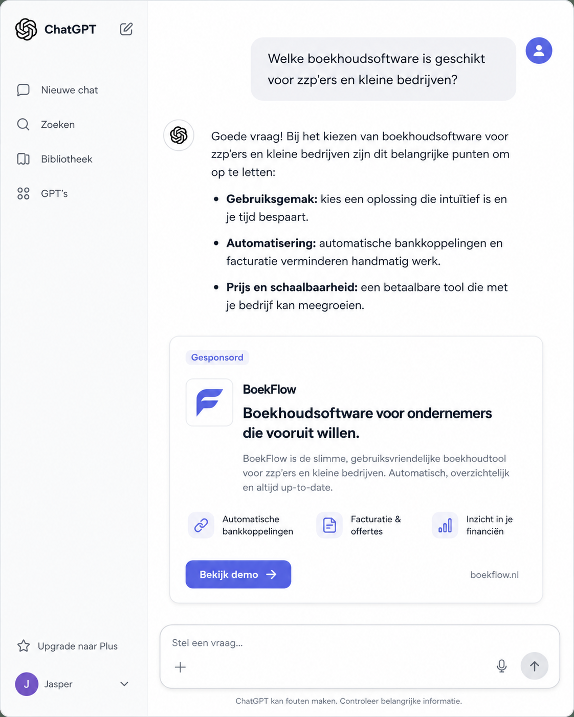 Voorbeeld van een gesponsorde advertentie in ChatGPT voor boekhoudsoftware