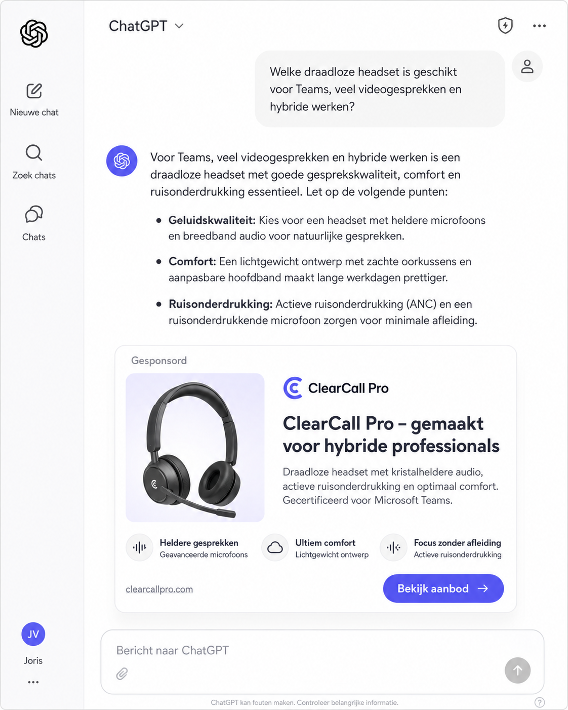 Voorbeeld van een gesponsorde ChatGPT-advertentie onder een antwoord over draadloze headsets
